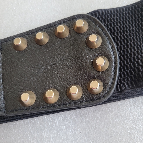Studded Elastic Waist Belt Faux Leather with Gold Buckle - Picture 3 of 11